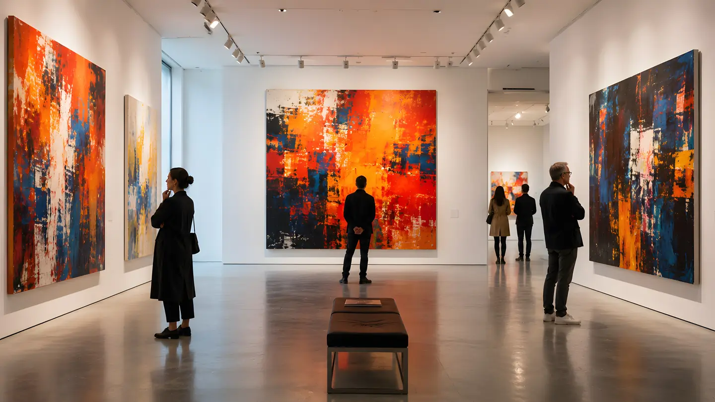 Visitors viewing colorful contemporary paintings in a gallery