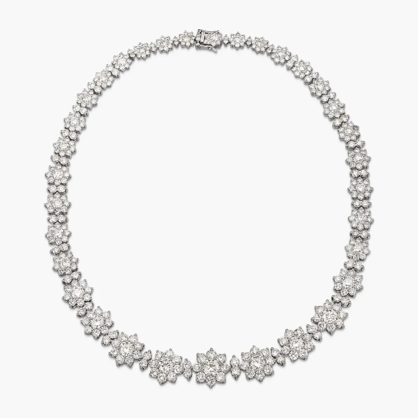 Diamond floral necklace arranged on a white background
